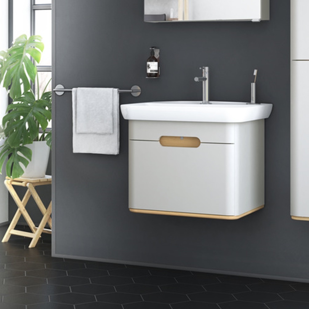 product lifestyle image of vitra sento matt light grey 1 drawer vanity unit and basin 65985